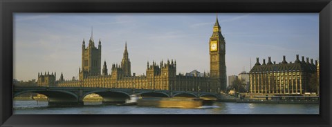 Framed Barge in a river, Thames River, Big Ben, City Of Westminster, London, England Print