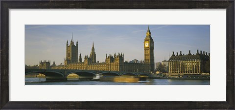 Framed Barge in a river, Thames River, Big Ben, City Of Westminster, London, England Print