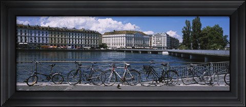 Framed Buildings at the waterfront, Rhone River, Geneva, Switzerland Print