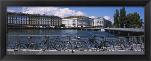 Framed Buildings at the waterfront, Rhone River, Geneva, Switzerland Print