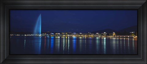 Framed Buildings lit up at night, Jet D&#39;eau, Lake Geneva, Lausanne, Switzerland Print