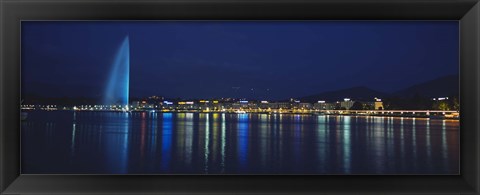 Framed Buildings lit up at night, Jet D&#39;eau, Lake Geneva, Lausanne, Switzerland Print