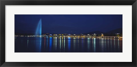 Framed Buildings lit up at night, Jet D&#39;eau, Lake Geneva, Lausanne, Switzerland Print