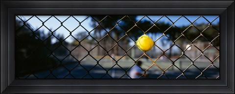 Framed Close-up of a tennis ball stuck in a fence, San Francisco, California, USA Print