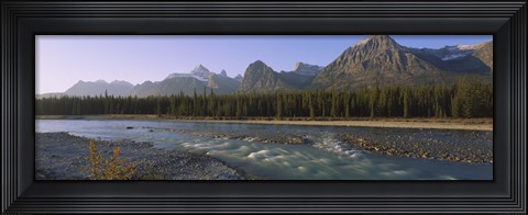 Framed Trees along a river with a mountain range in the background, Athabasca River, Jasper National Park, Alberta, Canada Print