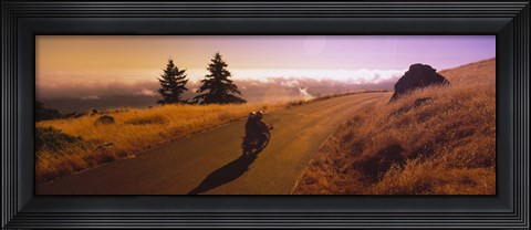 Framed High angle view of a motorcycle moving on a road, Mt Tamalpais, Marin County, California, USA Print