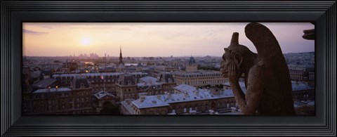 Framed Chimera sculpture with a cityscape in the background, Galerie Des Chimeres, Notre Dame, Paris, Ile-De-France, France Print