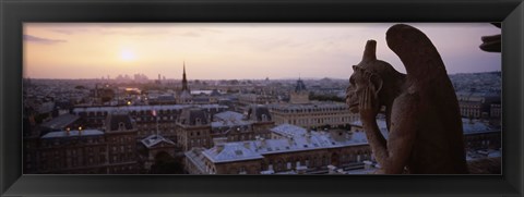 Framed Chimera sculpture with a cityscape in the background, Galerie Des Chimeres, Notre Dame, Paris, Ile-De-France, France Print