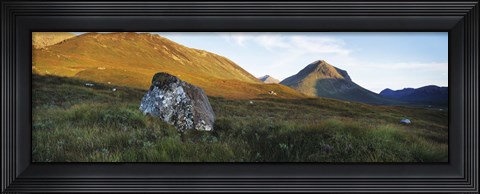 Framed Lichen covered rock in a field, Glen Sligachan, Cuillins, Isle Of Skye, Scotland Print