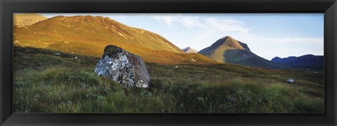 Framed Lichen covered rock in a field, Glen Sligachan, Cuillins, Isle Of Skye, Scotland Print