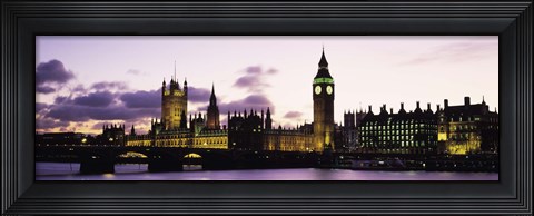 Framed Buildings lit up at dusk, Big Ben, Houses of Parliament, Thames River, City Of Westminster, London, England Print