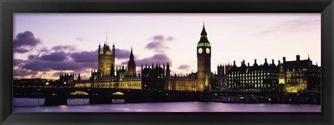 Framed Buildings lit up at dusk, Big Ben, Houses of Parliament, Thames River, City Of Westminster, London, England Print