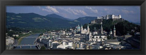 Framed High angle view of a castle on top of a mountain, Hohensalzburg Fortress, Salzach River, Salzburg, Austria Print