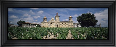 Framed Vineyard in front of a castle, Chateau Cos d&#39;Estournel, Saint-Estephe, Bordeaux, Gironde, Graves, France Print
