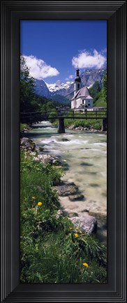 Framed Bridge over stream below country church, Bavarian Alps, Germany. Print