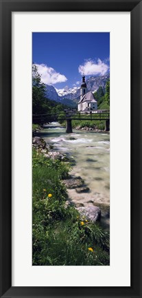 Framed Bridge over stream below country church, Bavarian Alps, Germany. Print