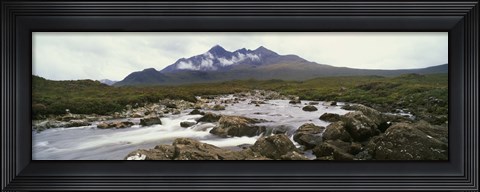 Framed River Sligachan, distant mountain in mist, Glen Sligachan, Isle of Skye, Scotland. Print