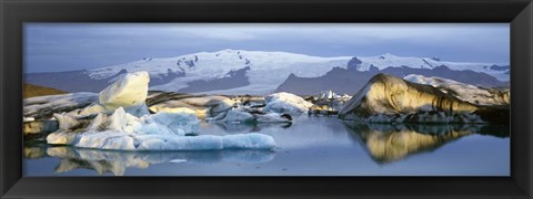Framed Icebergs on Jokulsarlon lagoon, water reflection, Vatnajokull Glacier, Iceland. Print