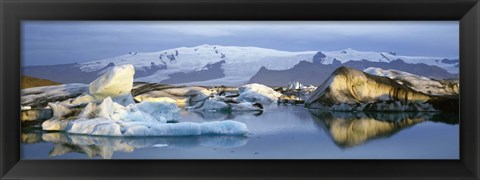 Framed Icebergs on Jokulsarlon lagoon, water reflection, Vatnajokull Glacier, Iceland. Print