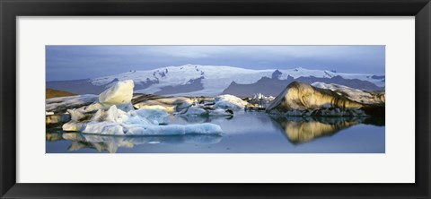 Framed Icebergs on Jokulsarlon lagoon, water reflection, Vatnajokull Glacier, Iceland. Print