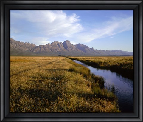 Framed River with a mountain range in the background, Hermon Farm, outside of Cape Town, South Africa Print