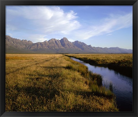 Framed River with a mountain range in the background, Hermon Farm, outside of Cape Town, South Africa Print