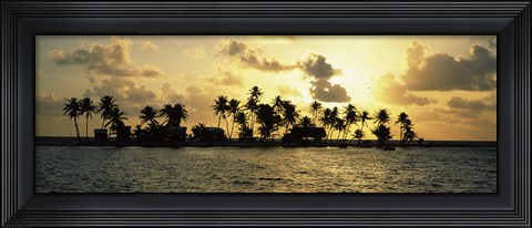 Framed Silhouette of palm trees on an island at sunset, Laughing Bird Caye, Victoria Channel, Belize Print