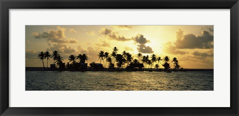 Framed Silhouette of palm trees on an island at sunset, Laughing Bird Caye, Victoria Channel, Belize Print