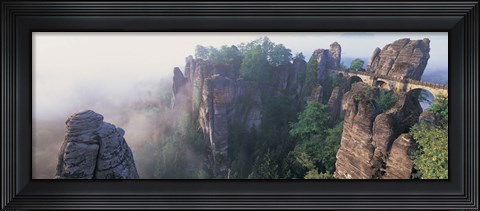 Framed Bridge passing through cliffs, Bastei Bridge, Saxon Switzerland National Park, Dresden, Saxony, Germany Print