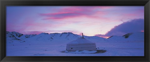 Framed Yurt the traditional Mongolian yurt on a frozen lake, Independent Mongolia Print