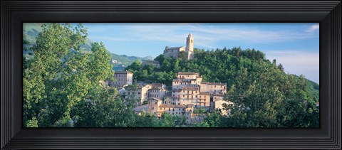 Framed Buildings surrounded by trees, Montefortino, Province of Ascoli Piceno, Marches, Italy Print