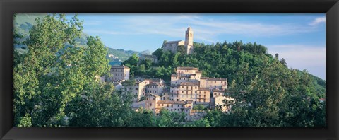 Framed Buildings surrounded by trees, Montefortino, Province of Ascoli Piceno, Marches, Italy Print