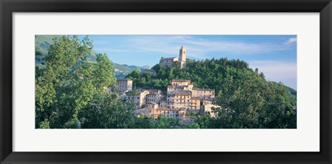 Framed Buildings surrounded by trees, Montefortino, Province of Ascoli Piceno, Marches, Italy Print