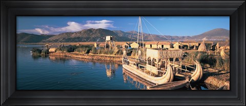 Framed Reed Boats at the lakeside, Lake Titicaca, Floating Island, Peru Print