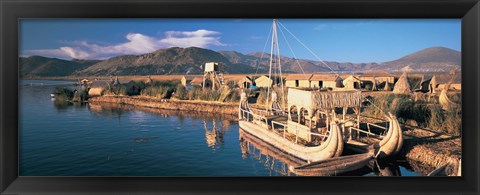 Framed Reed Boats at the lakeside, Lake Titicaca, Floating Island, Peru Print