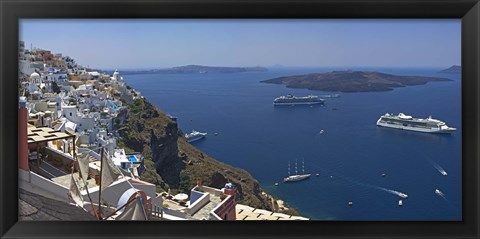 Framed Ships in the sea viewed from a town, Santorini, Cyclades Islands, Greece Print