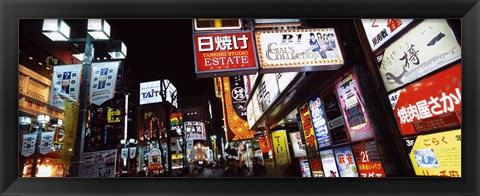 Framed Commercial signboards lit up at night in a market, Shinjuku Ward, Tokyo Prefecture, Kanto Region, Japan Print