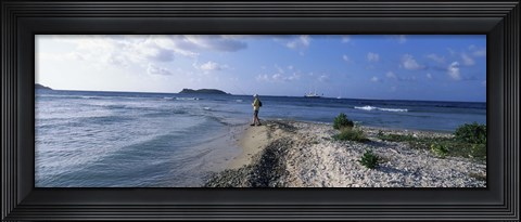 Framed Tourist fishing on the beach, Sandy Cay, Carriacou, Grenada Print