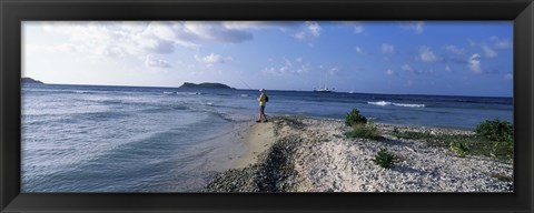 Framed Tourist fishing on the beach, Sandy Cay, Carriacou, Grenada Print