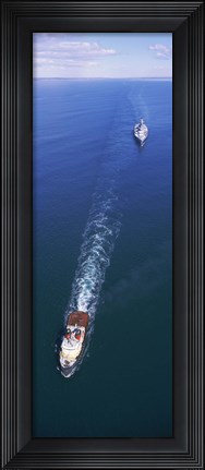 Framed Aerial view of a battleship being towed in the sea, USS Iowa (BB-61), Rhode Island Sound, Rhode Island, USA Print