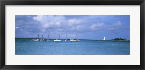 Framed Boats in the sea with a lighthouse in the background, Nassau Harbour Lighthouse, Nassau, Bahamas Print