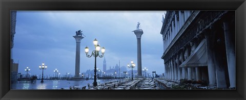 Framed Tables and chairs at a restaurant, St. Mark&#39;s Square, Grand Canal, San Giorgio Maggiore, Venice, Veneto, Italy Print