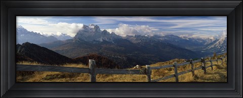 Framed Fence with a mountain range in the background, Mt Rite, Dolomites, Cadore, Province of Belluno, Veneto, Italy Print
