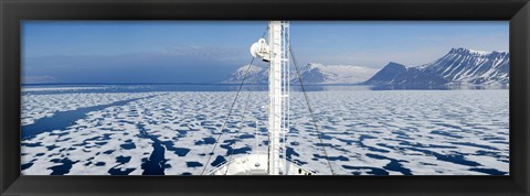 Framed Ship in the ocean with a mountain range in the background, Bellsund, Spitsbergen, Svalbard Islands, Norway Print