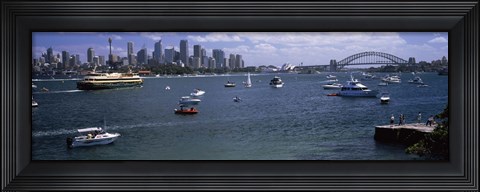 Framed Boats in the sea with a bridge in the background, Sydney Harbor Bridge, Sydney Harbor, Sydney, New South Wales, Australia Print