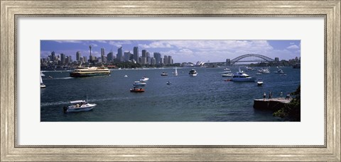 Framed Boats in the sea with a bridge in the background, Sydney Harbor Bridge, Sydney Harbor, Sydney, New South Wales, Australia Print