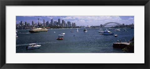 Framed Boats in the sea with a bridge in the background, Sydney Harbor Bridge, Sydney Harbor, Sydney, New South Wales, Australia Print