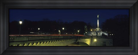 Framed Bridge with a monument lit up at night, Friedensengel, Munich, Bavaria, Germany Print