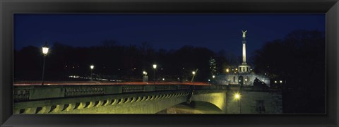 Framed Bridge with a monument lit up at night, Friedensengel, Munich, Bavaria, Germany Print