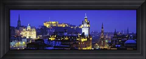 Framed Buildings lit up at night with a castle in the background, Edinburgh Castle, Edinburgh, Scotland Print